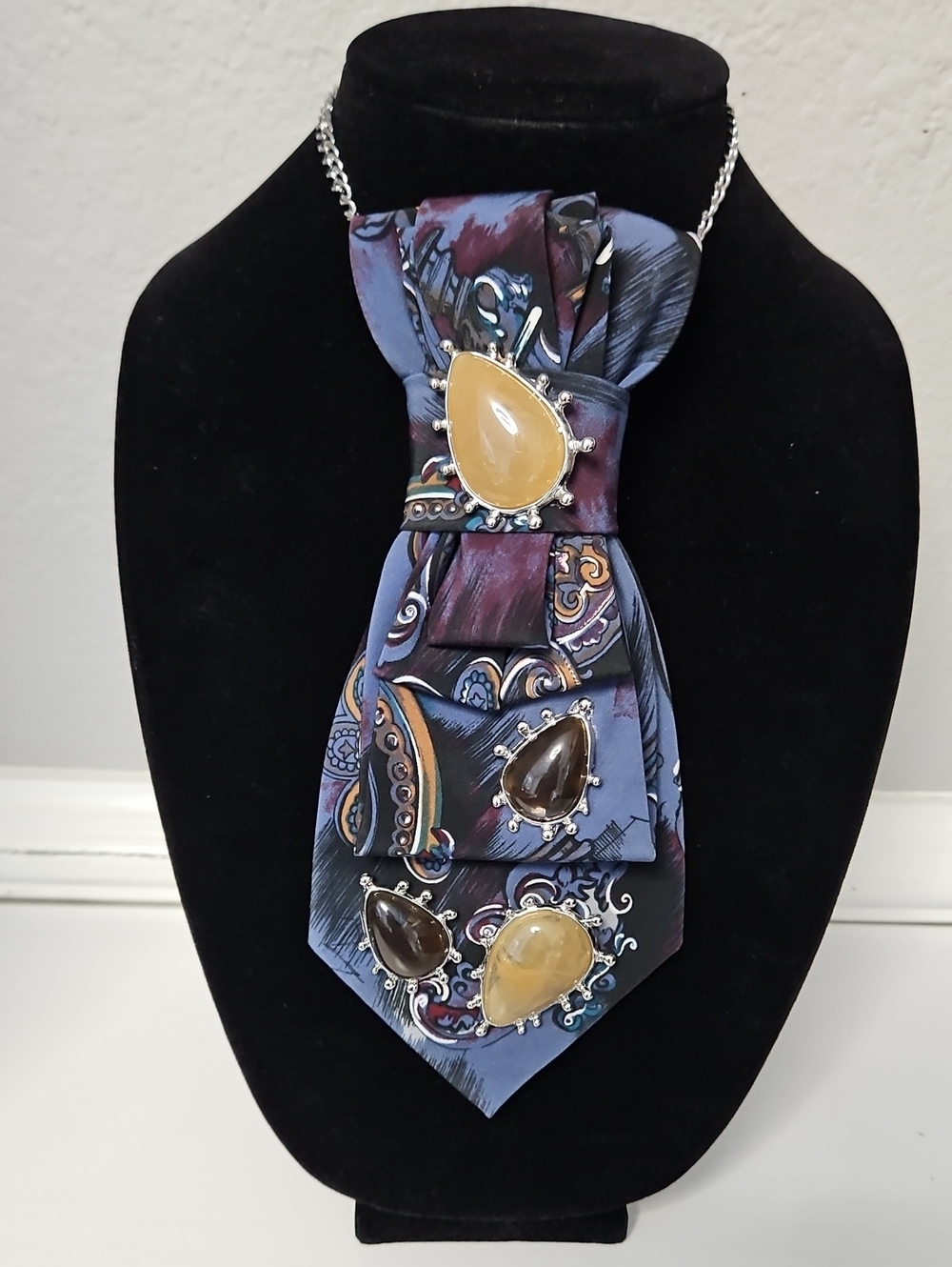 Etienne Aigner Upcycled Blue Paisley Necktie Necklace with Jewel Accebts